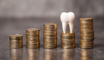 Stacks of coins ascend, topped by a white tooth, symbolizing dental care costs