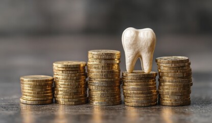 A tooth sits atop a stack of golden coins, symbolizing dental costs