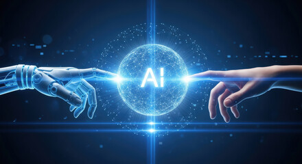Fototapeta premium Human and Robot Hands Touching an AI Globe Representing the Convergence of Technology and Humanity in the Age of Artificial Intelligence