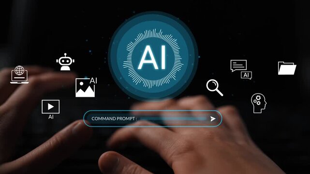 Hands Typing on a Keyboard with AI Icons and Command Prompt Displayed, Representing Artificial Intelligence Digital Innovation Concepts Gluon.