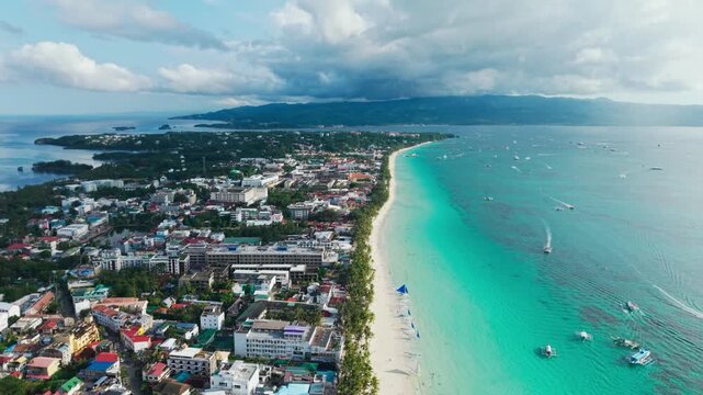 Cinematic establishing shot, tropical resort expansion under cloudy tropical sky
