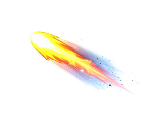 Streaking fireball with fiery tail against dark cosmic background