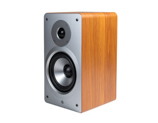 Compact bookshelf speaker with wood veneer and silver baffle