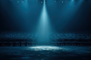 Empty stage bathed in atmospheric blue spotlight, audience seats await