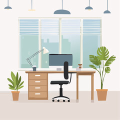 Flat Vector Illustration of Modern Office Interior With Desk, Chair, Empty Workspace and Window View