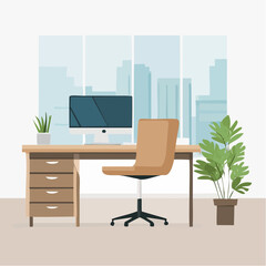 Minimal Modern Office Interior Flat Vector Illustration With Empty Desk, Chair and Window