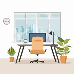 Flat Vector Illustration of Modern Office Interior With Desk, Chair, Window and Empty Workspace Design