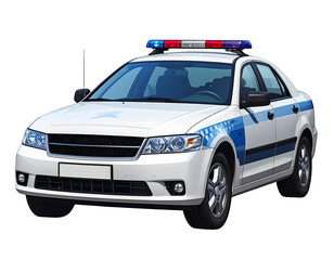 White patrol car with blue accents, red and blue lights on roof