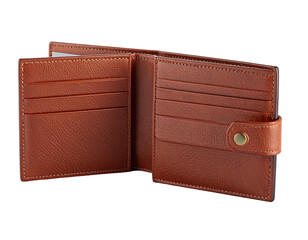 Open brown leather bifold wallet with card slots and snap closure