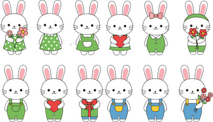 Obraz premium Cute Bunny Character Vector Illustration Set with Adorable Rabbits in Different Outfits Holding Flowers Hearts and Gifts for Kids Stickers and Spring Designs