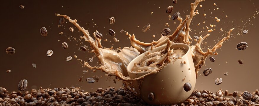 Coffee splash from cup with beans raining down