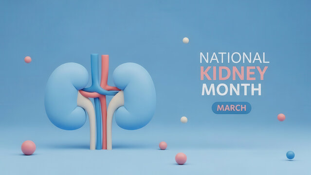 National kidney month concept with stylized 3d kidneys and text on a light blue background