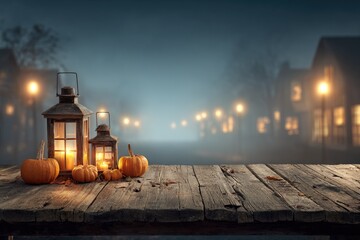 Rustic wooden table with pumpkins and lanterns on a foggy, lit street