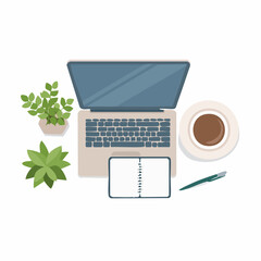 Modern Office Desk Object Flat Vector Illustration With Notebook, Pen, Coffee and Stationery