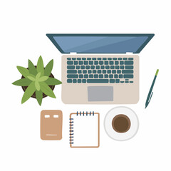 Flat Vector Illustration of Modern Office Objects Including Notebook, Pen, Coffee Cup and Desk Accessories