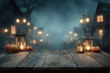 Eerie, fog-shrouded street with glowing lanterns and pumpkins