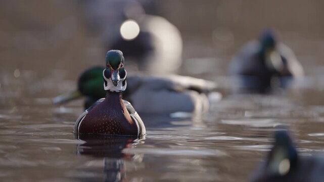 Ducks swimming in a pond on a sunny day