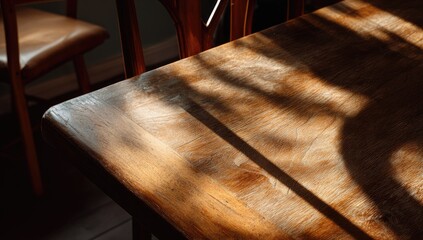 Warm sunlight casts dappled shadows across a worn wooden table surface
