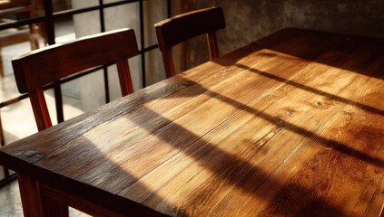 Warm sunlight streams across a rustic wooden table and chairs, creating dappled shadows