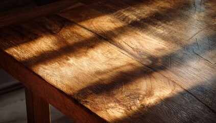 Close-up of rustic wooden table surface with dramatic sunlight and shadow patterns