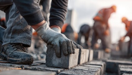 Close up of gloved hand laying paving stones in a construction setting