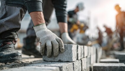 Construction worker laying bricks in an outdoor site with colleagues