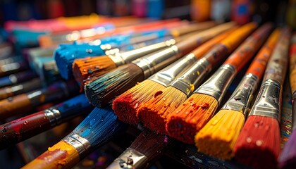 Obraz premium Close-up of upright paintbrushes with colorful stained bristles in artistic studio setting.