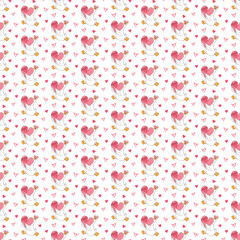 An adorable and vibrant seamless pattern of charming pink hearts, some with cupid's arrows, creating a romantic and celebratory background for various designs.
