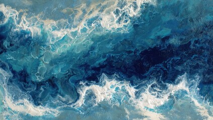 Abstract ocean waves in deep blues and bright whites, textured and flowing