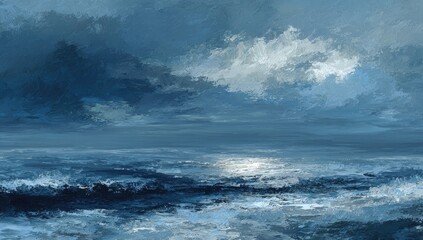 Turbulent ocean under dramatic, stormy sky with sun glinting on waves