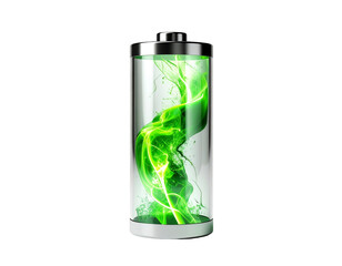 Charged cylindrical energy cell with vibrant green electric plasma swirling inside