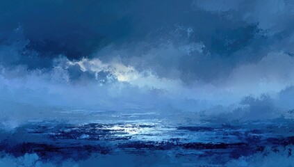 Moody, dark blue sky with dramatic clouds over a shimmering, dark ocean