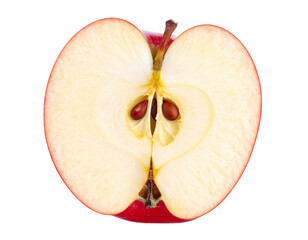 Fresh red apple sliced in half revealing juicy white flesh and seeds
