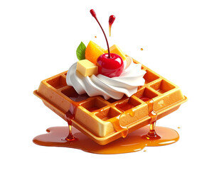 Golden waffle with whipped cream, berries, fruit, and dripping syrup