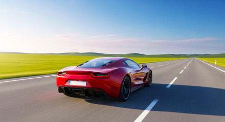 Naklejka premium Red sports car driving on a scenic highway through green countryside on a sunny day with clear blue sky