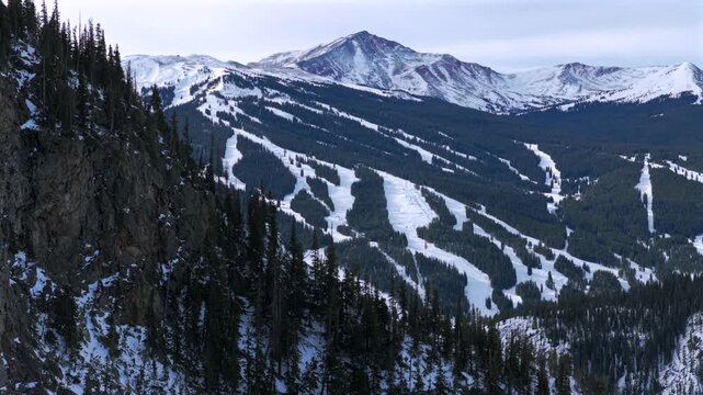 Copper Mountain Ski Resort Ten Mile Peak Canyon i70 winter morning aerial drone view December January East Village Mayflower Gulch Office Gulch Wheeler Junction parking lot ski trails forward motion