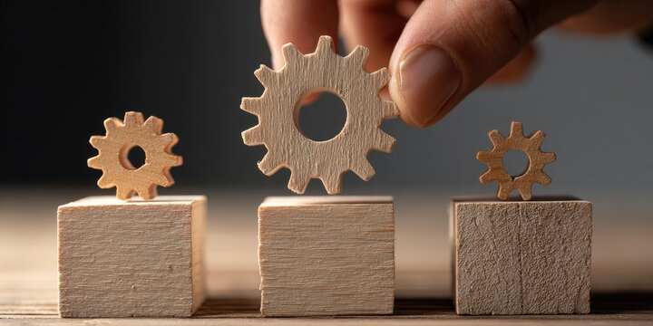 Hand placing a wooden gear on a block, joining three gears
