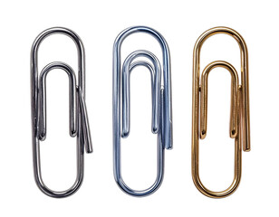 Three metallic paperclips of varying finishes on a black background