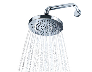 Chrome showerhead sprays water against dark background