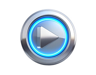 Polished metal play button with glowing blue ring on black