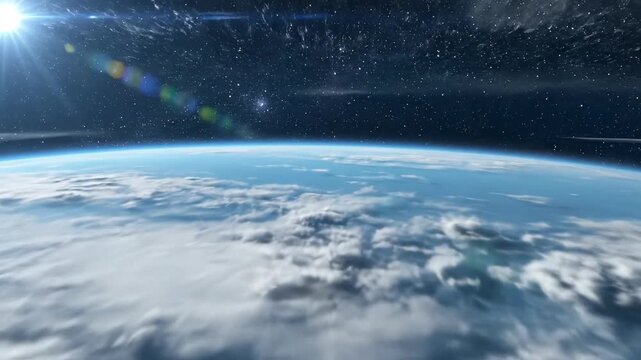 Sweeping conceptual aerial drone shot over the curved surface of a pristine blue planet showing the extremely thin and delicate boundary of the atmosphere conservation, space, blue