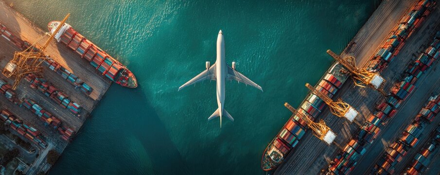 Aerial view of an airplane flying over cargo ships at a port