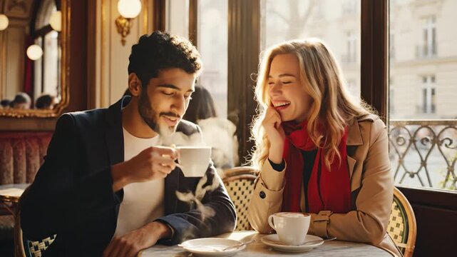 Couple enjoying coffee at sunlit cafe table with steaming cup and scarf, laughter and intimate conversation in warm morning light, cozy autumn mood and relaxed window view