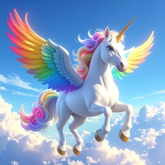 A white winged unicorn flies through a blue sky with fluffy clouds