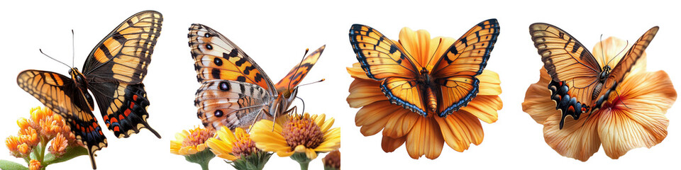 Fototapeta premium Butterfly Drinking Nectar from a Flower - Essential Pollination Moment Isolated on Clear White Background Highly Detailed