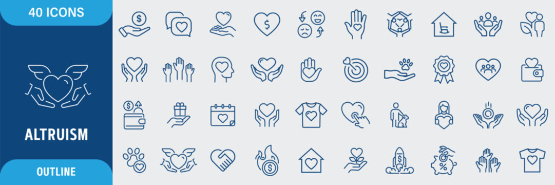 Altruism icon set. Containing charity, help, empathy, goodwill, caring, generosity, kindness, benevolence, compassion, humanitarian support, social responsibility, volunteer service, donation
