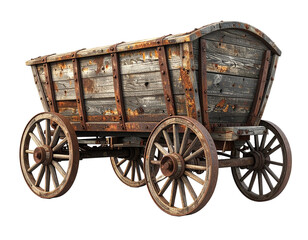 Fototapeta premium Aged, weathered wooden cart on rustic spoked wheels, with rusted metal accents
