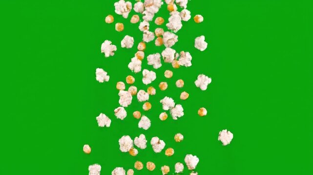 White popcorn kernels falling on green background