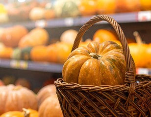 A wicker basket filled with a small orange pumpkin