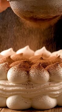 Dramatic close-up vertical shot of rich cocoa powder being sifted onto elegant peaks of white meringue or whipped cream, decorating a luxurious desser